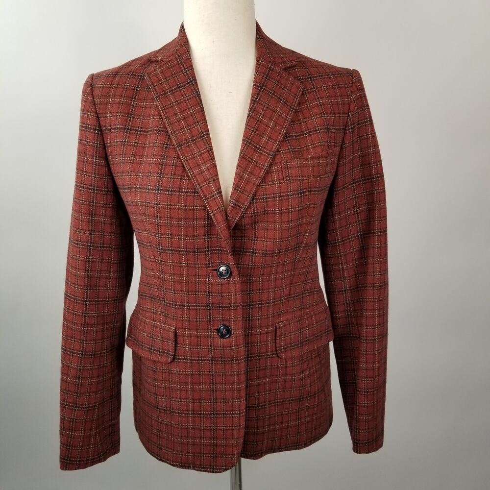 Evan Picone Saks Fifth Ave Rust Red Wool Plaid Blazer Jacket Lined Size M
